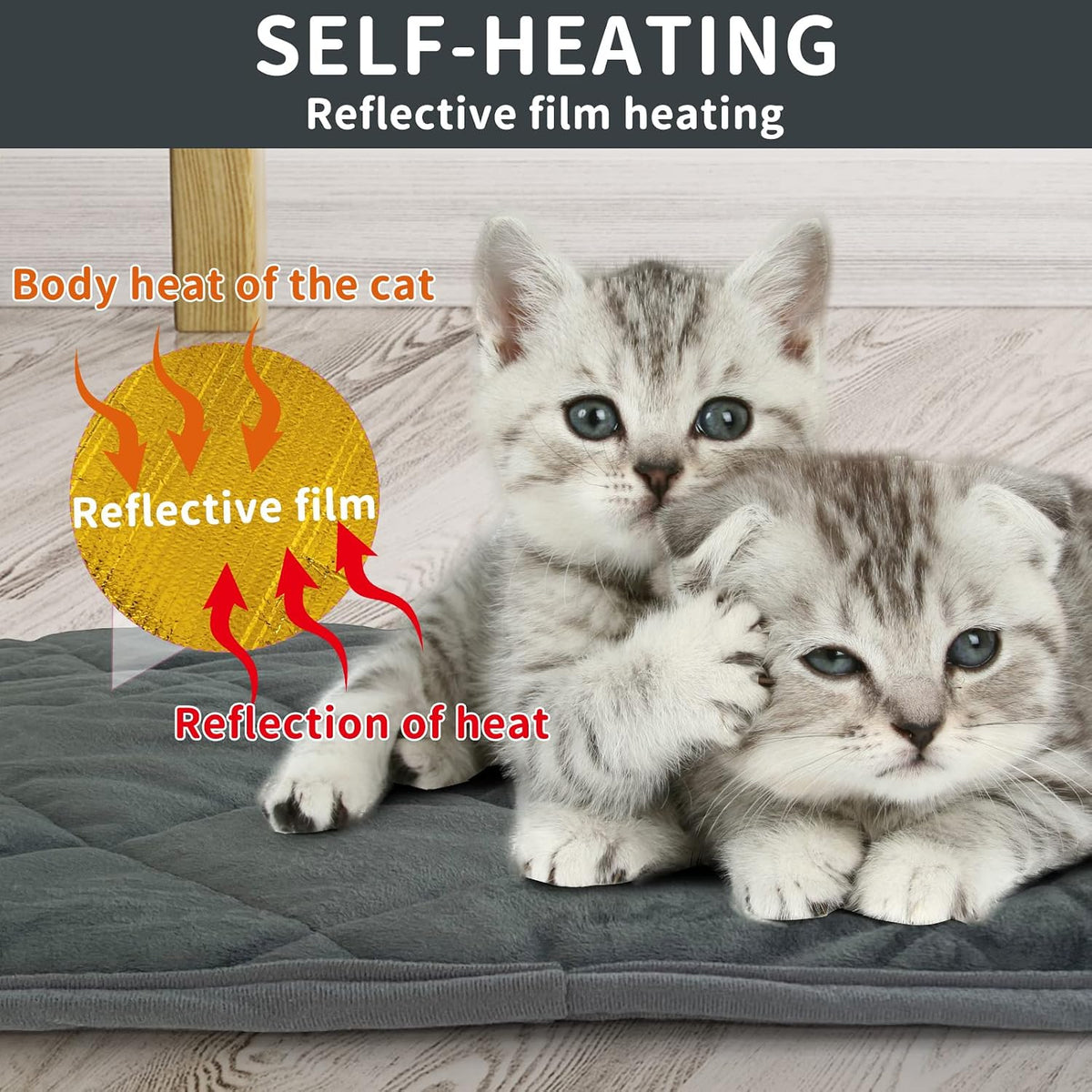 Self heating pet pad placed inside a plastic dog crate for travel warmth.