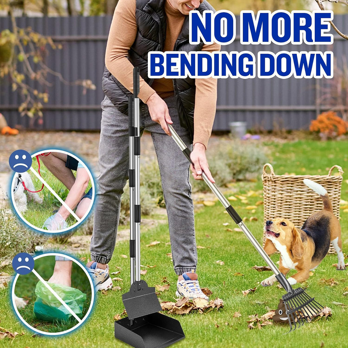 Adjustable long handle pet waste removal scoop system close up on interlocking clips.