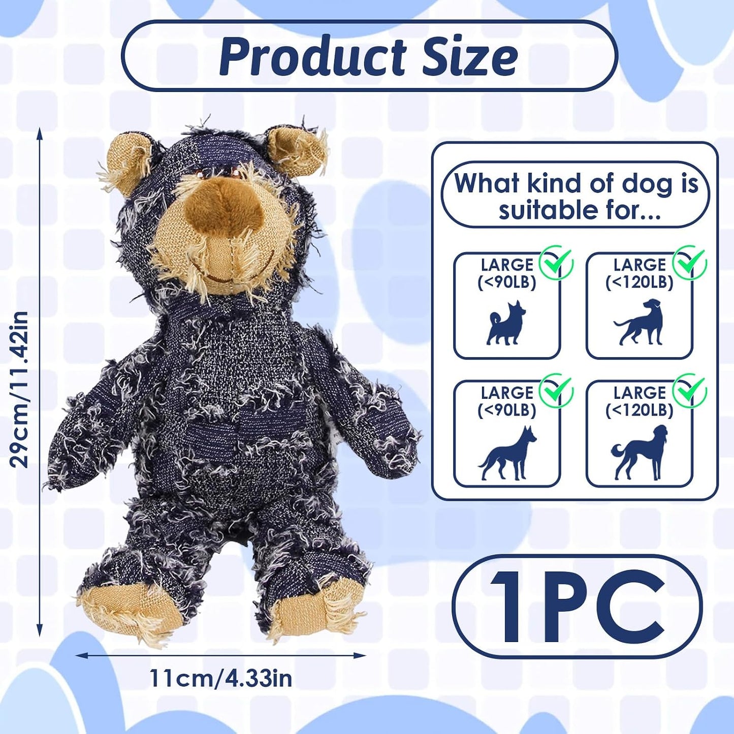 MAXBECK heavy chewer dog toy robust navy blue denim bear with reinforced stitching