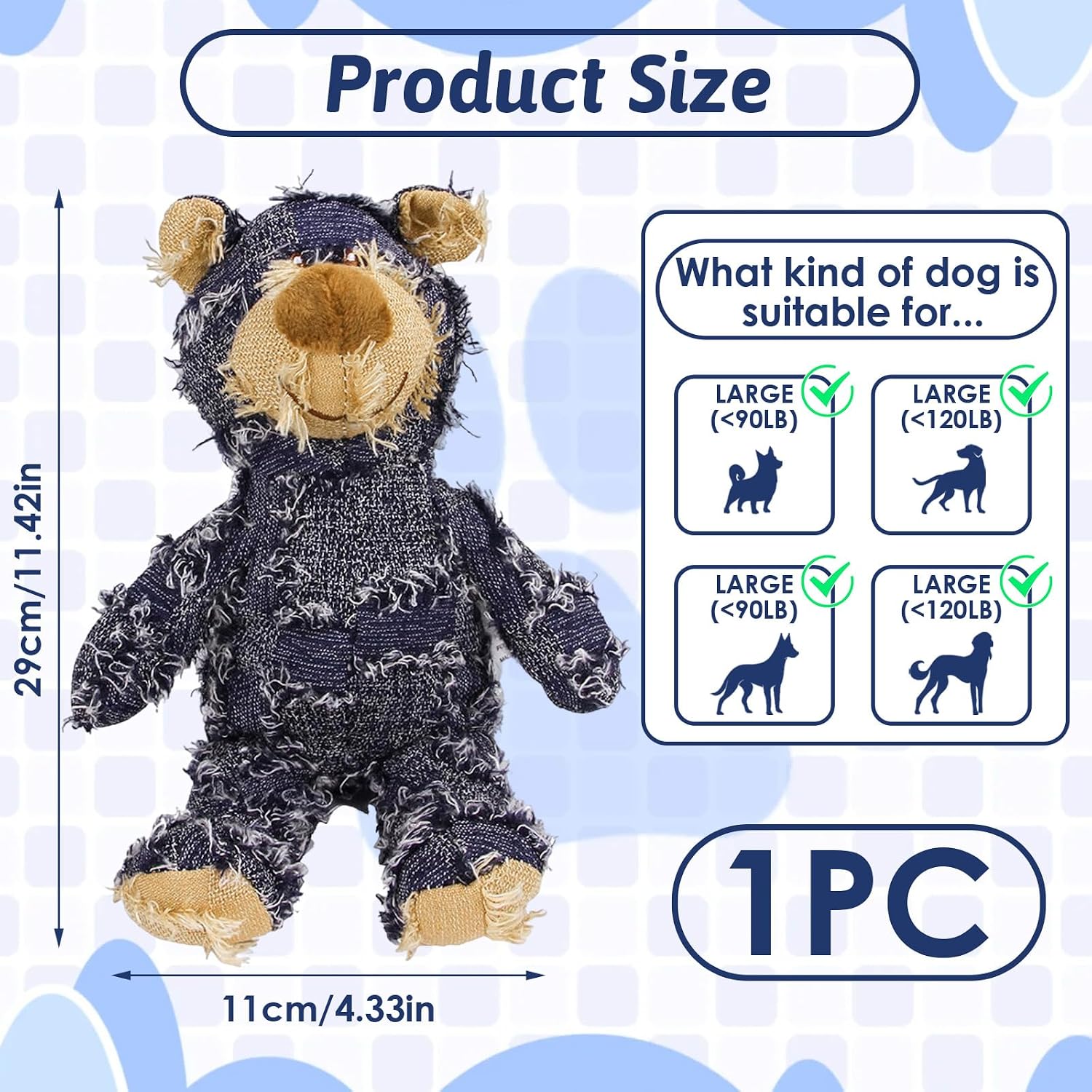 MAXBECK heavy chewer dog toy robust navy blue denim bear with reinforced stitching