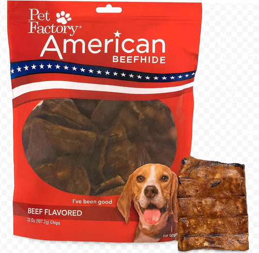 Pet Factory American Beefhide Chips front view premium imported dog chew treats.