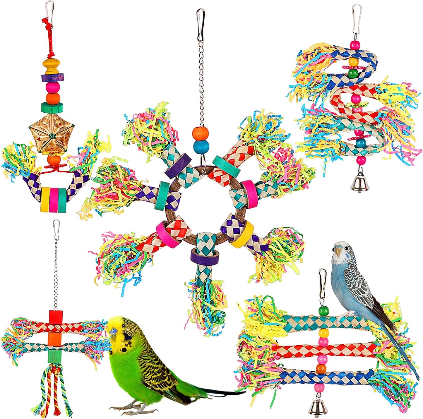 LifeIdeas bird shredding toys pack of five front view interactive hanging parrot accessories