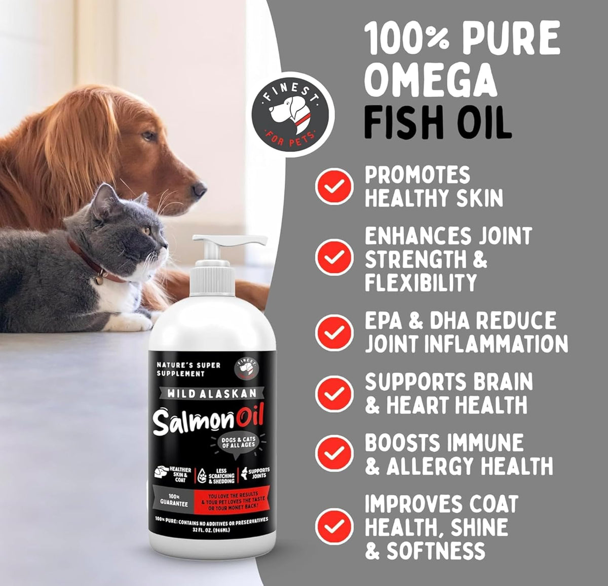 Finest For Pets pure fish oil supplement bottle showing the convenient pump dispenser mechanism for easy pet meal topping.
