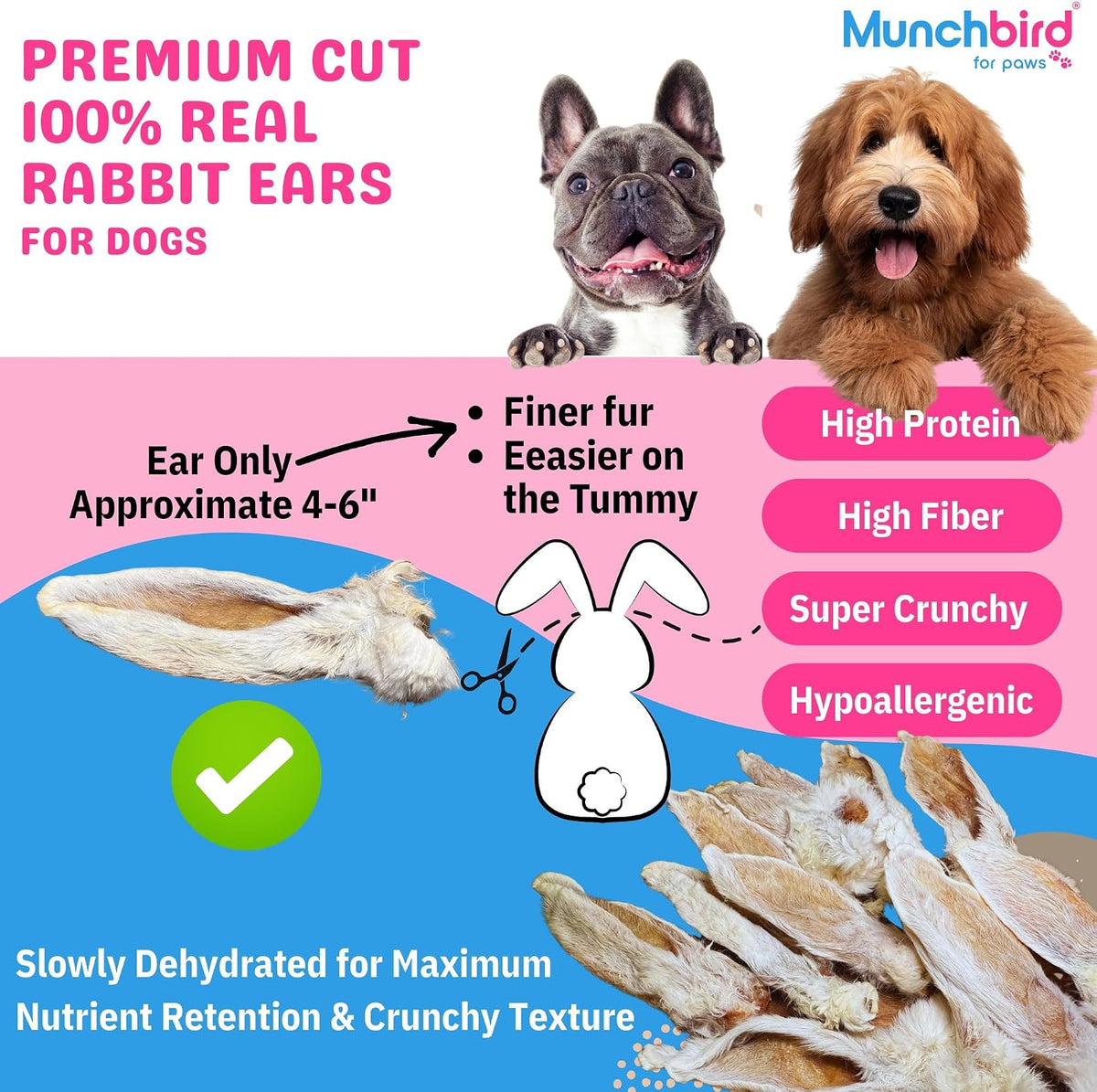Close up of natural furry dehydrated rabbit ears for dogs