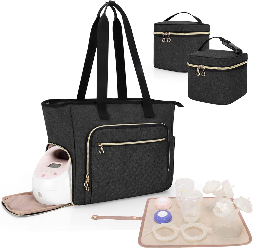 LUXJA breast pump bag in black quilted nylon showing the front view with gold zippers