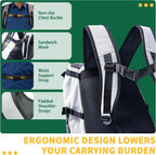 Adjustable belly buckle and dual zippers on the Aeegee dog carrier pack showing maximum security features.