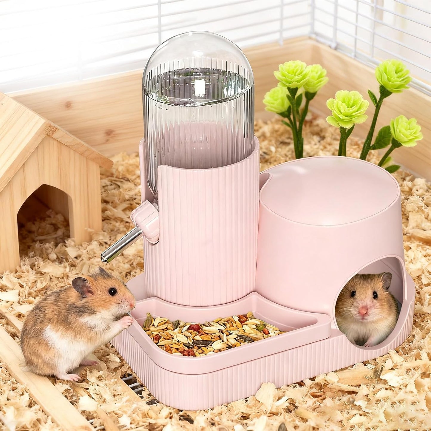 3 in 1 Hamster Water Bottle No Drip Automatic Water Dispenser with Food Bowl Container & Hideout Base Hut for Dwarf Hamster Mouse Rat Gerbils Mice Cage Accessories (Pink) - Image 7