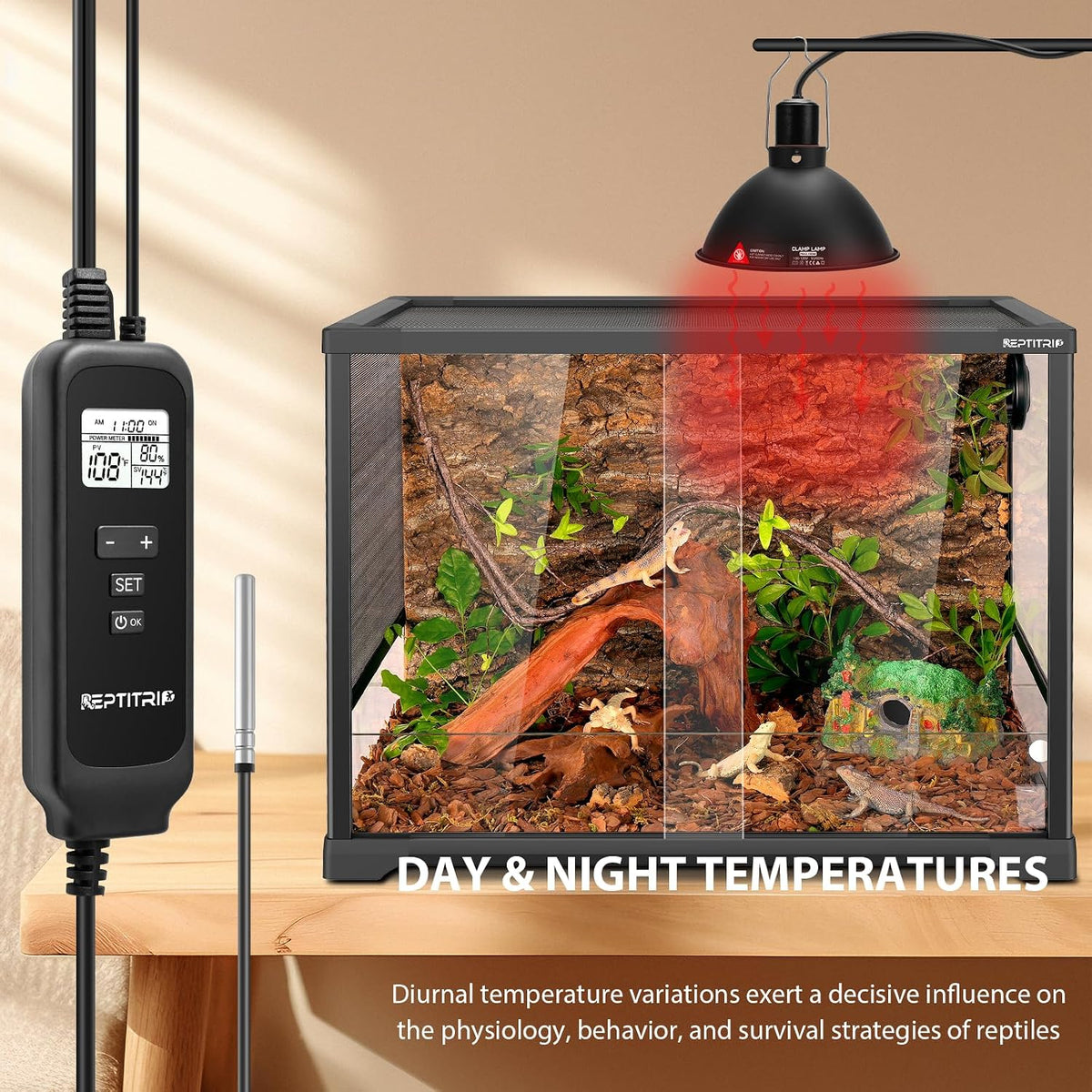 Reptitrip deep dome heat lamp temperature sensor probe setup.