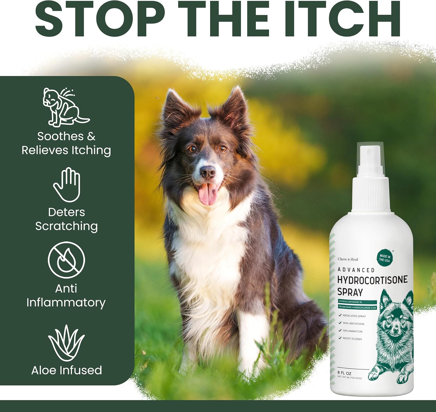 Medicated hot spot treatment spray for dogs showing active ingredients panel