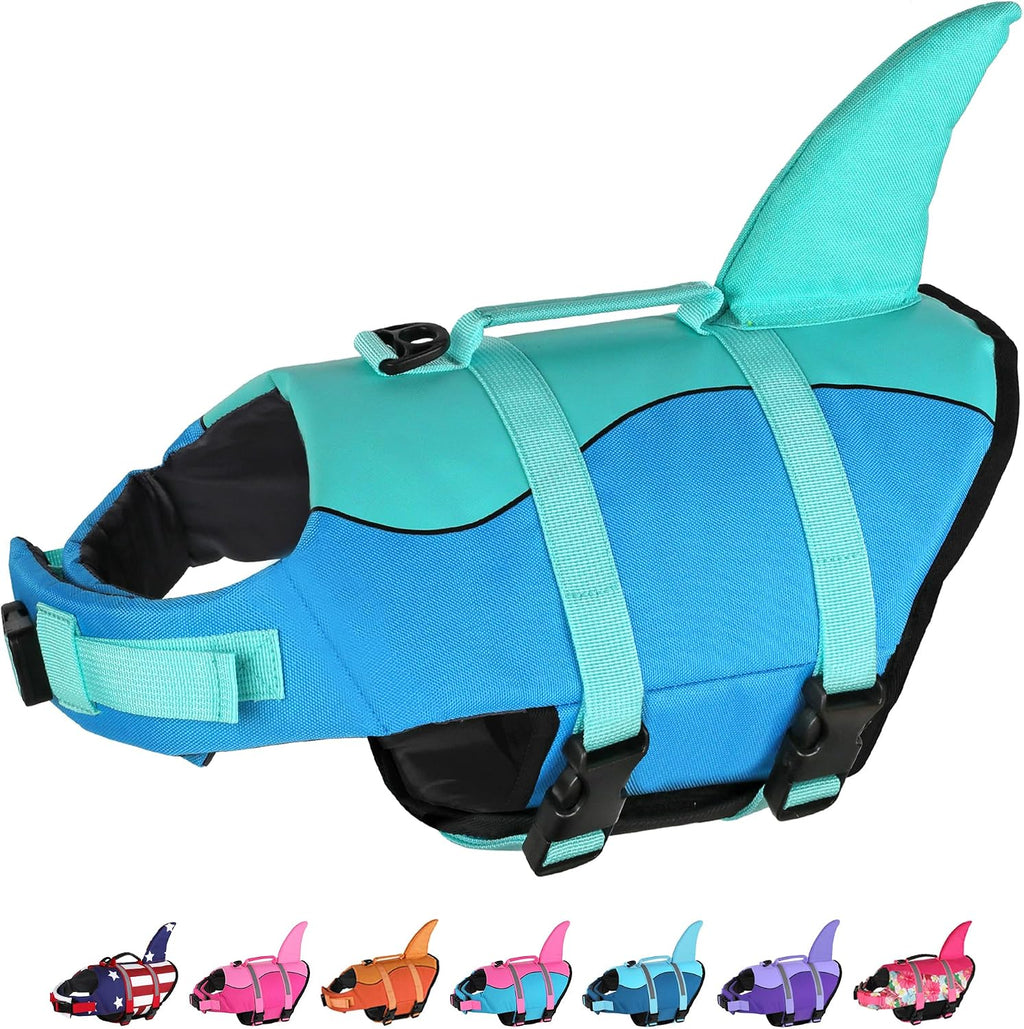 Dogcheer dog life jacket in pool blue front view on small puppy