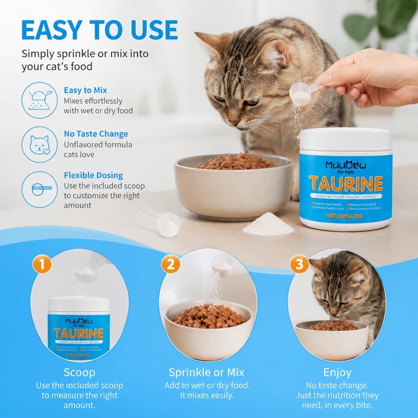 Premium pure taurine amino acid powder for cats showing close up of the unflavored texture.