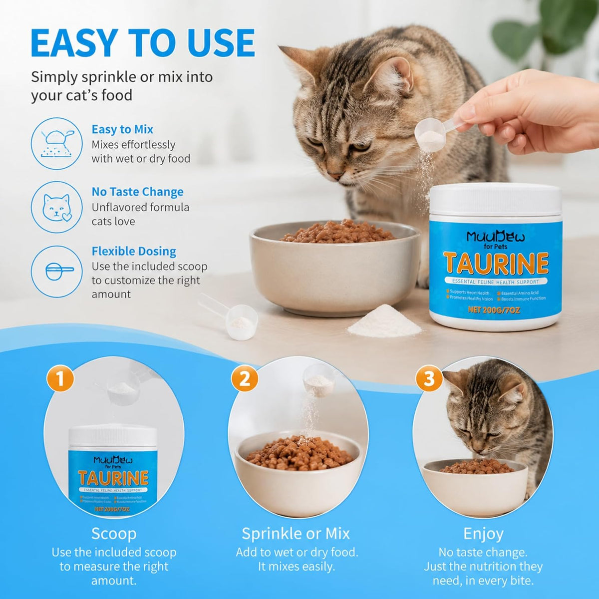 Premium pure taurine amino acid powder for cats showing close up of the unflavored texture.