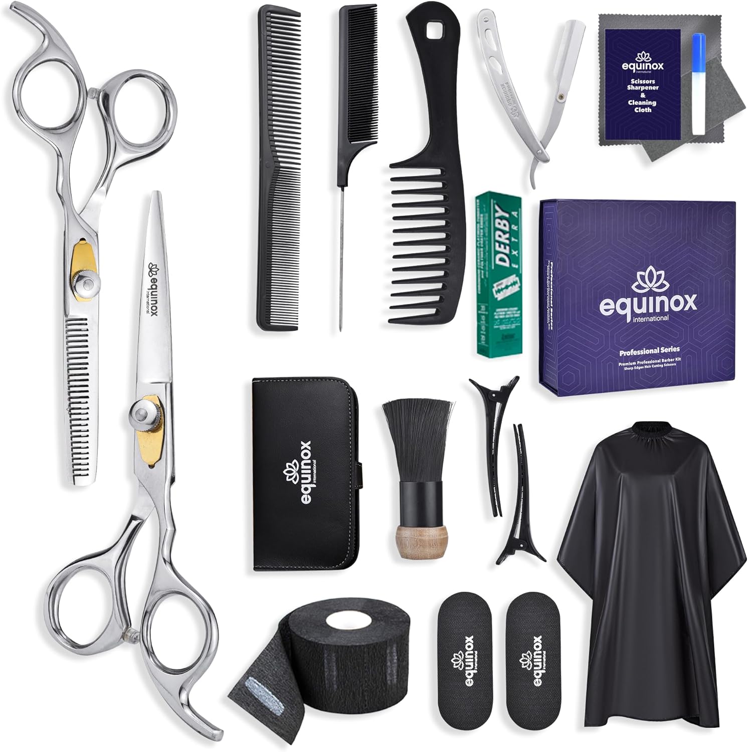 Equinox International Professional Hair Scissors Set front view showing premium stainless steel cutting shears and complete kit