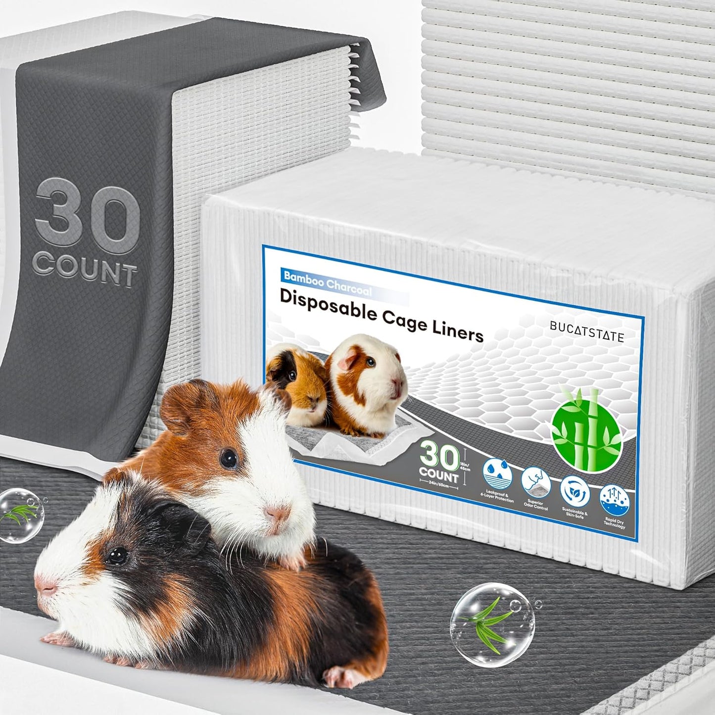 BUCATSTATE 50 Count Disposable Guinea Pig Cage Liners, Super Absorbent Guinea Pig Bedding, Bamboo Charcoal Odor Control Pee Pads for Rabbits, Ferrets and Small Animals (18''x24'') - Image 9