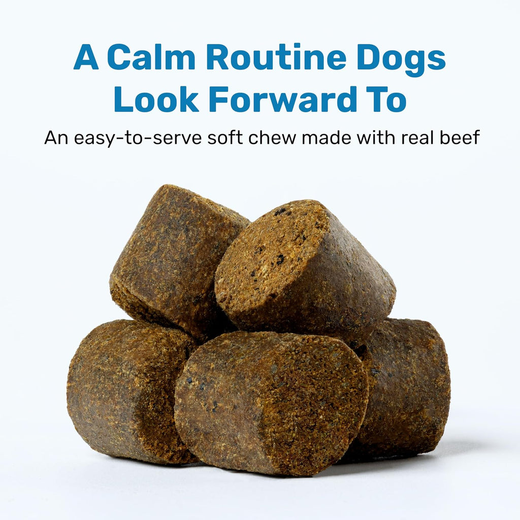 Beef flavored dog calming supplement imported from the USA back label view
