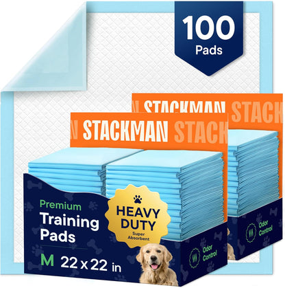 Stack Man Disposable Puppy Potty Pads front packaging view containing 100 leak-proof training pads.