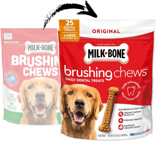 Milk-Bone daily dental chews for large dogs showing chicken flavor formulation details.