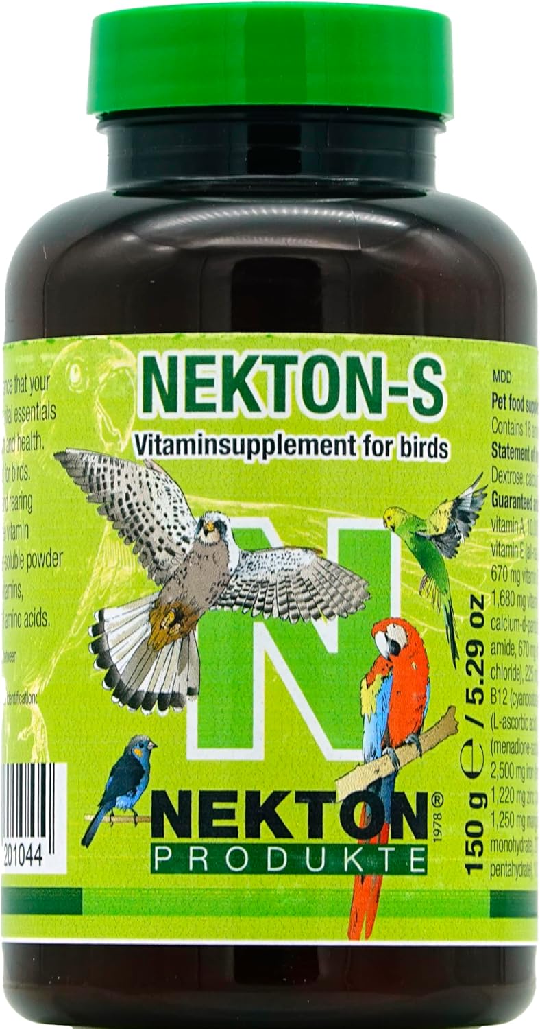 Nekton-S 1.23 ounce avian multivitamin packaging showing storage guidelines and temperature specifications