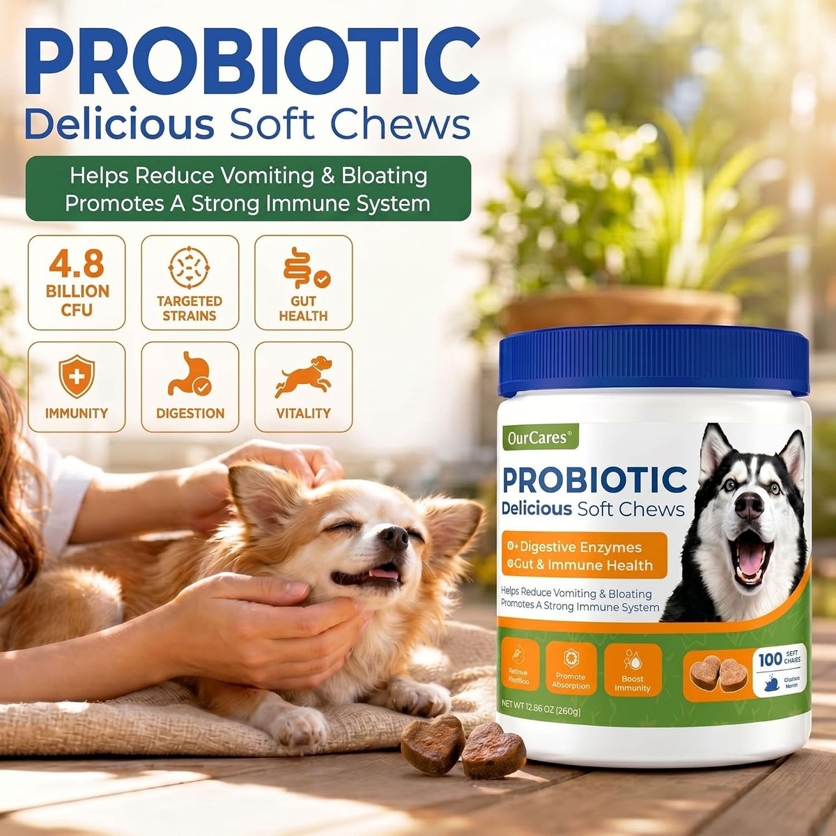 Back label of OurCares dog probiotics displaying the 4.8 billion CFU potency and enzyme ingredients list.