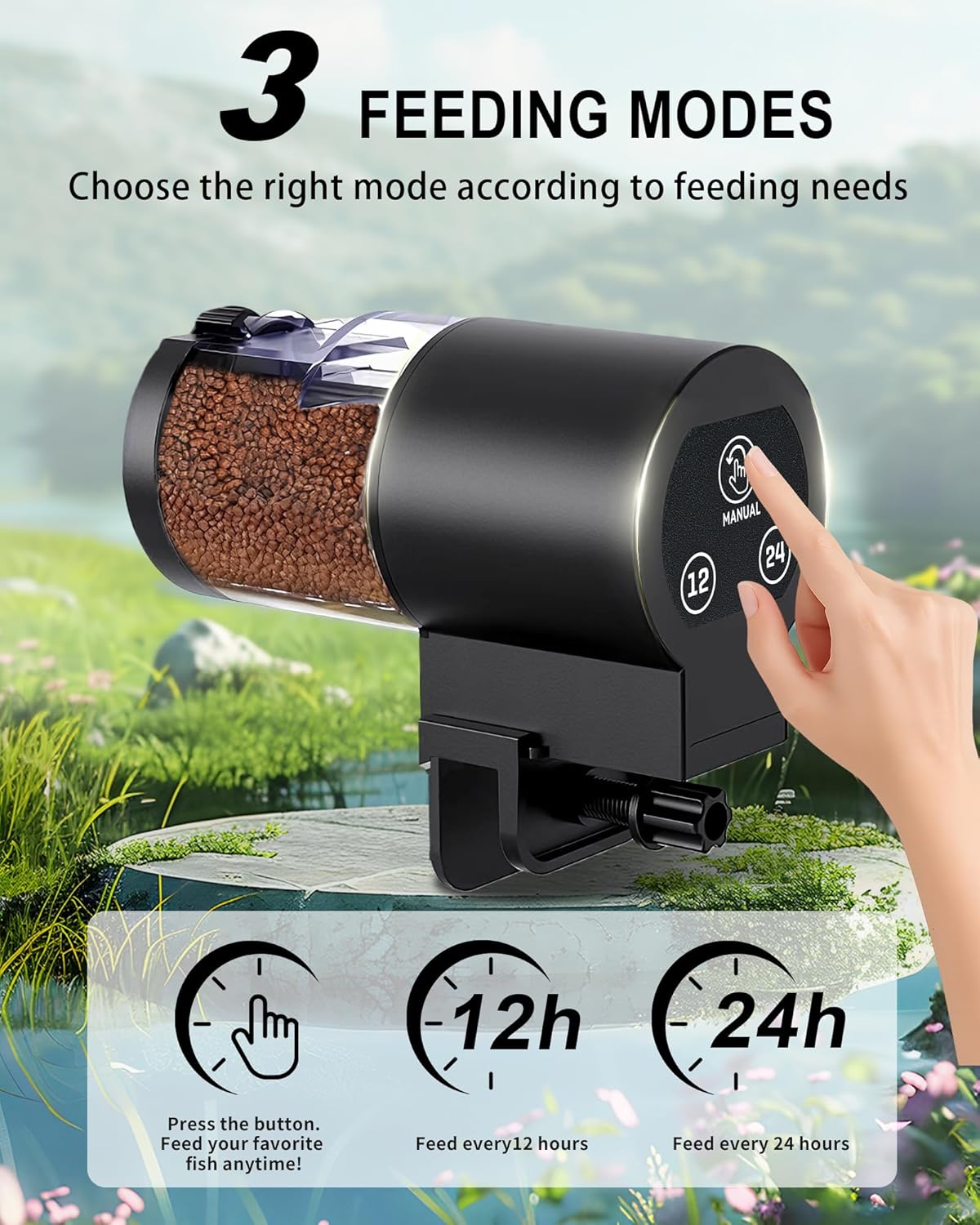 Automatic aquarium pet feeder with manual feeding button interface
