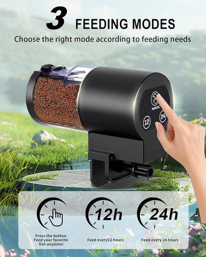 Automatic aquarium pet feeder with manual feeding button interface