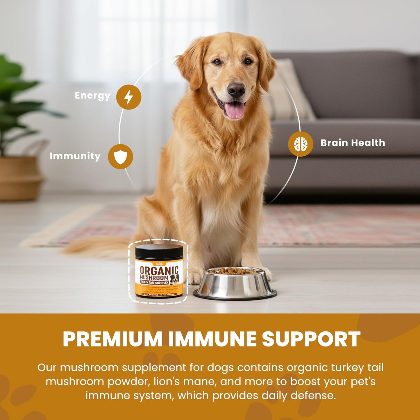 Peak Pets organic supplement mixed into canine wet food for daily immune boost.