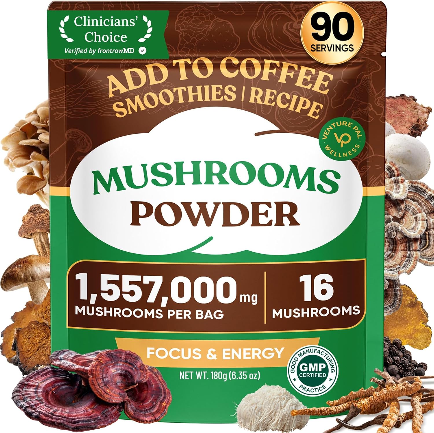 Venture Pal 16 in 1 Adaptogenic Mushroom Powder front view bag displaying wellness benefits.