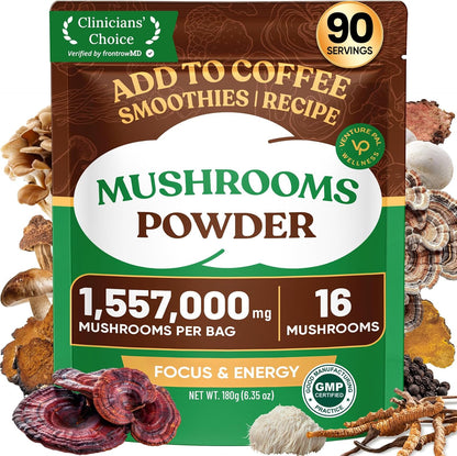 Venture Pal 16 in 1 Adaptogenic Mushroom Powder front view bag displaying wellness benefits.
