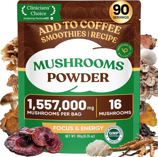 Venture Pal 16 in 1 Adaptogenic Mushroom Powder front view bag displaying wellness benefits.