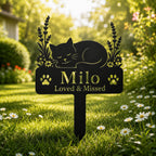 Personalized Cat Memorial Garden Stake, Custom Metal Cat Grave Marker with Name and Message, Cat Loss Sympathy Gift for Yard Garden Cemetery (Sleeping Cat) - Image 1