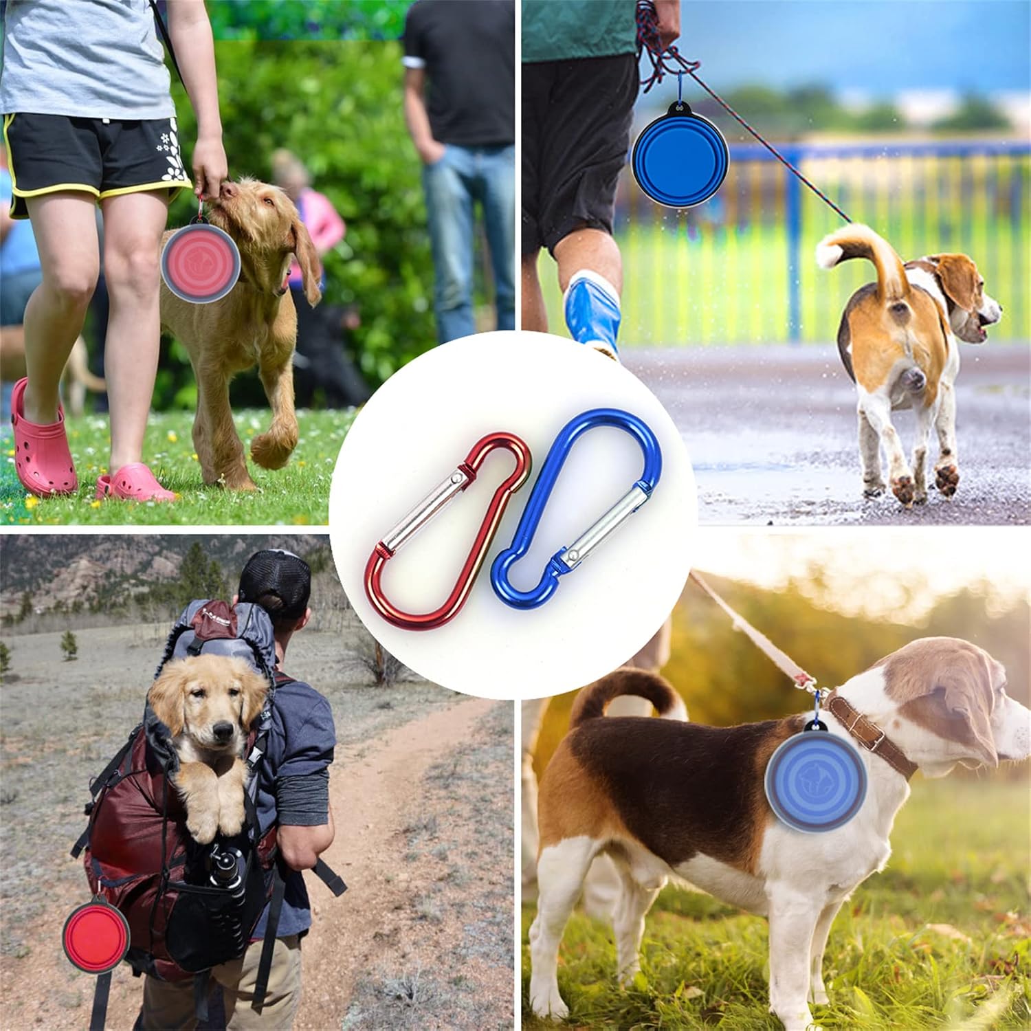 Side view of blue SLSON silicone collapsible dog bowl showing different expansion levels.