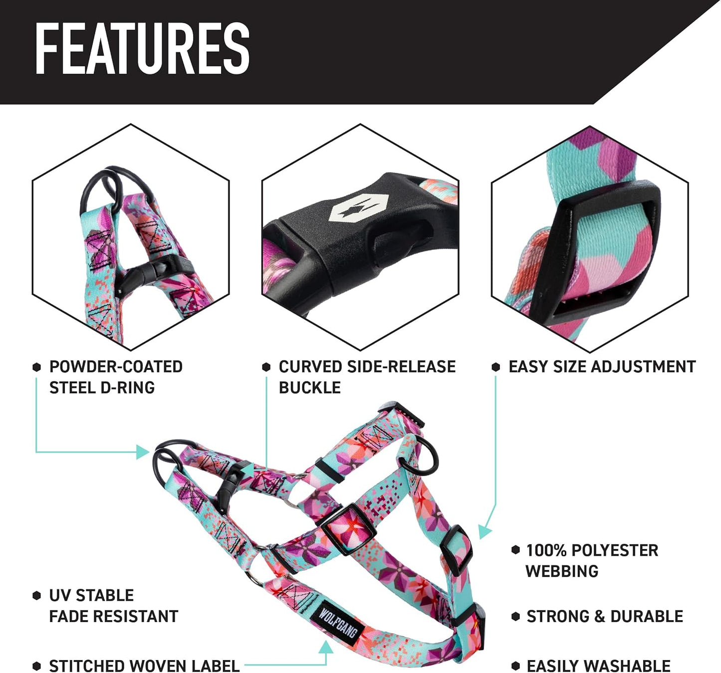 Close up of Wolfgang heavy duty dog harness steel D-ring