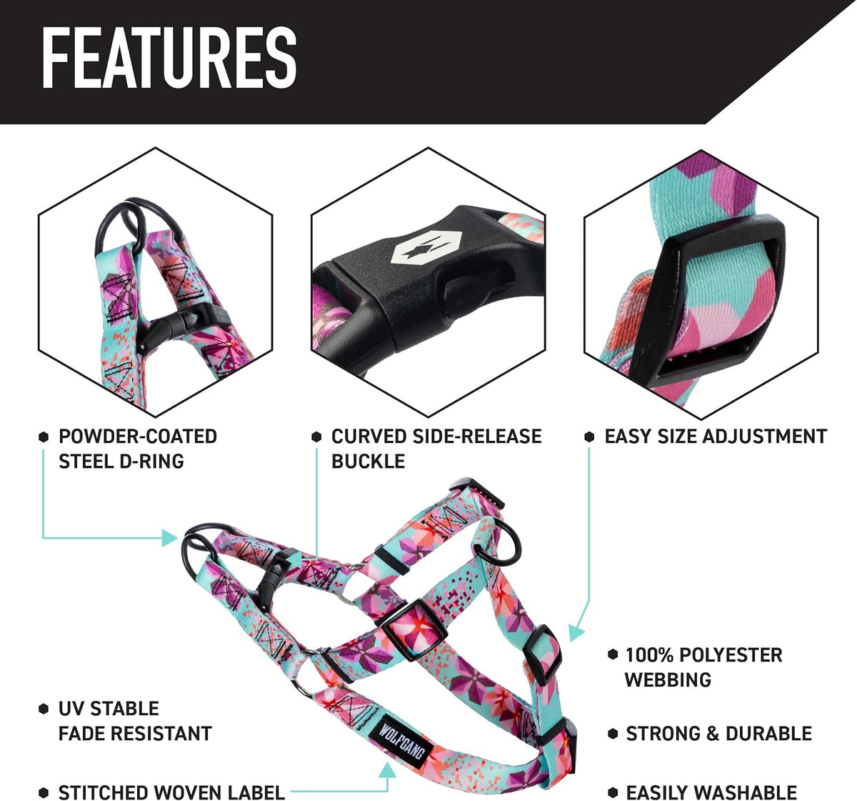 Close up of Wolfgang heavy duty dog harness steel D-ring