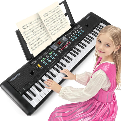 TWFRIC kids keyboard piano front view showing 61 black and white musical keys with digital LCD display screen.