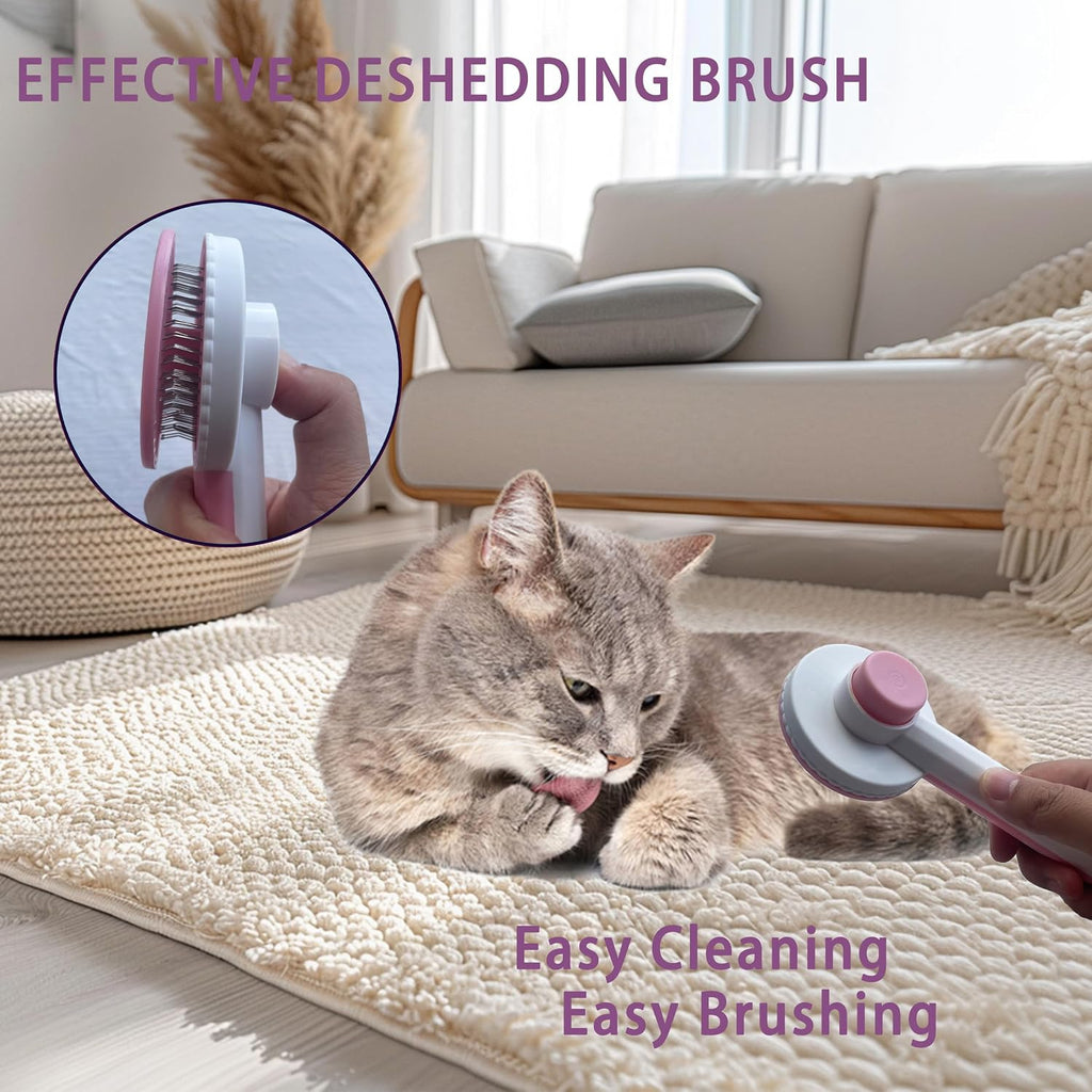 Self cleaning slicker brush from POSAPET kit demonstrating fur retraction button mechanism