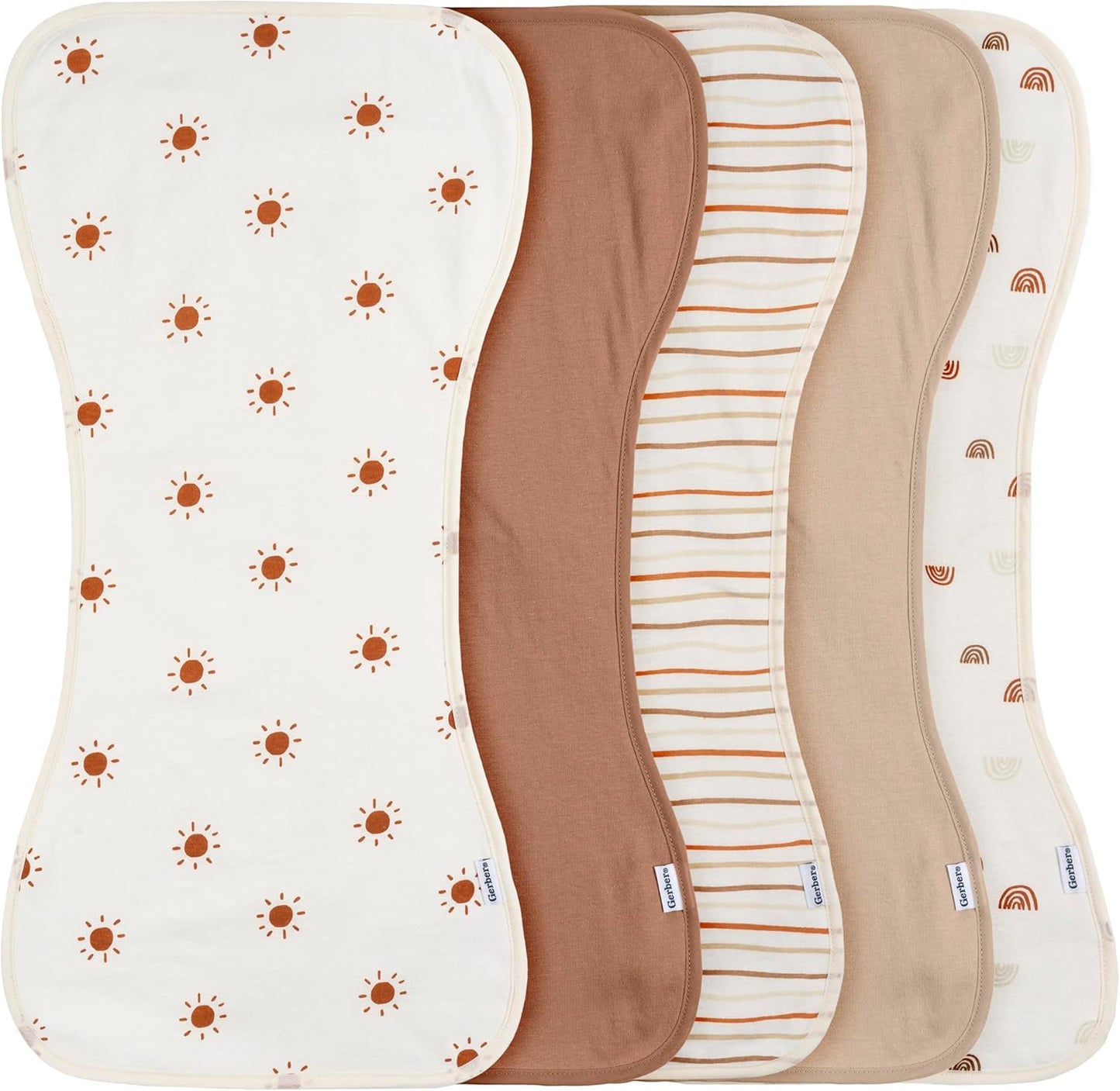 Gerber Baby Unisex Burp Cloths 5-Pack in rust and tan colors front view