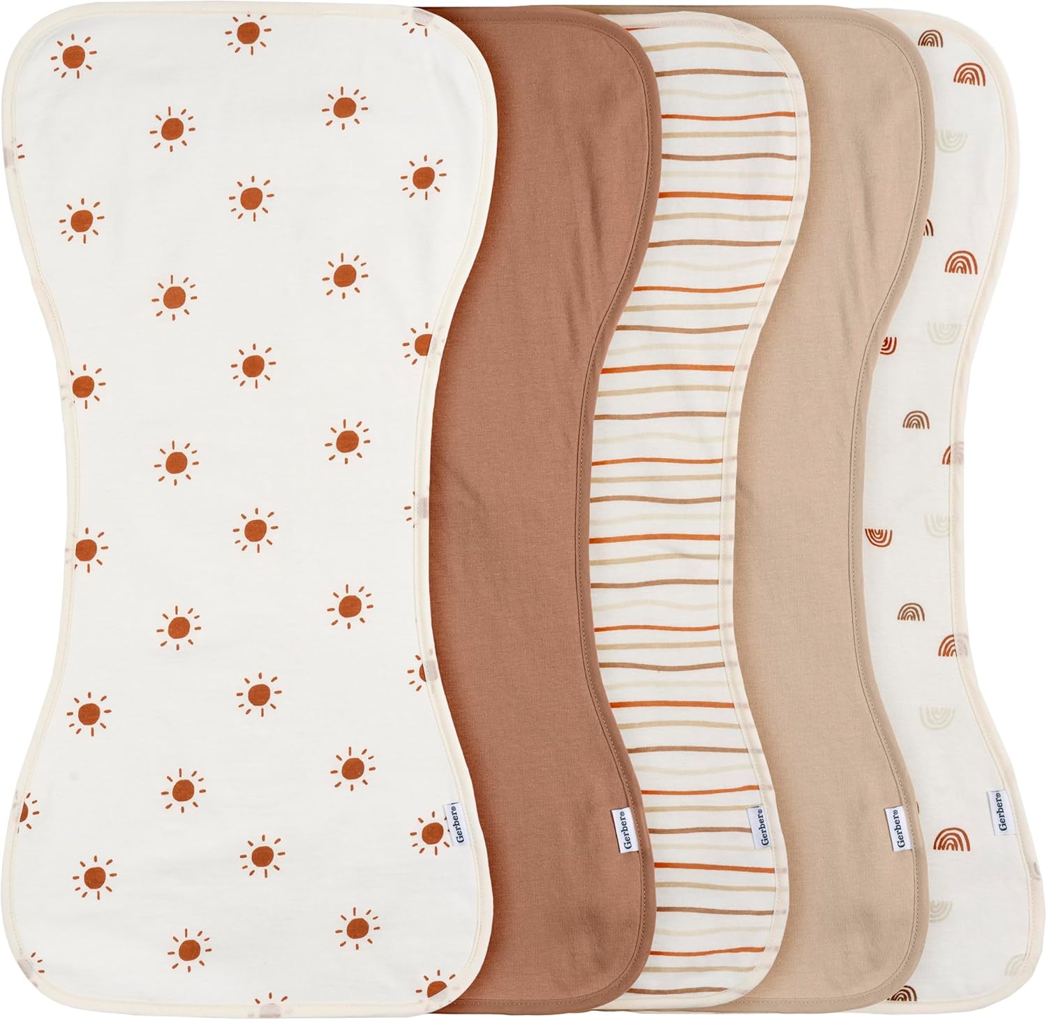 Gerber Baby Unisex Burp Cloths 5-Pack in rust and tan colors front view