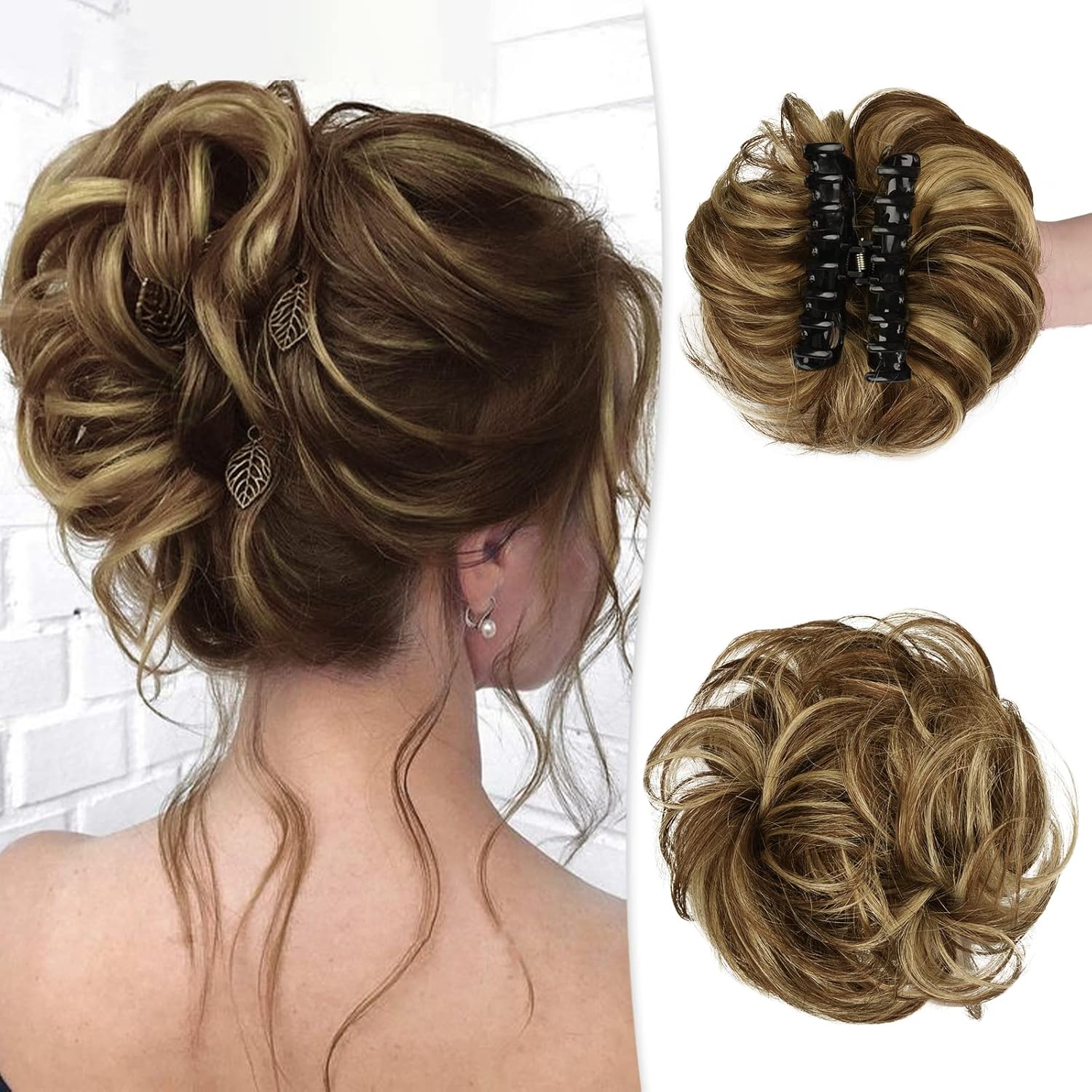RUWISS claw clip messy bun hair piece front view showcasing realistic human hair texture