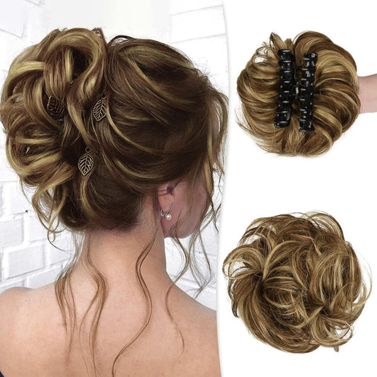 RUWISS claw clip messy bun hair piece front view showcasing realistic human hair texture