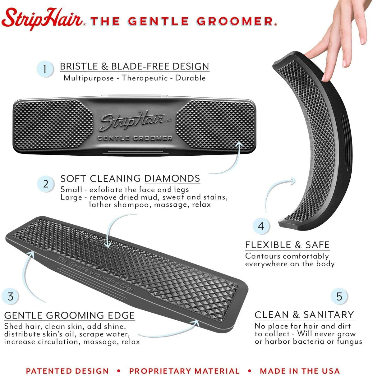 Close up of the flexible black rubber blade free edge on the StripHair original groomer