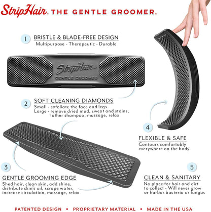 Close up of the flexible black rubber blade free edge on the StripHair original groomer