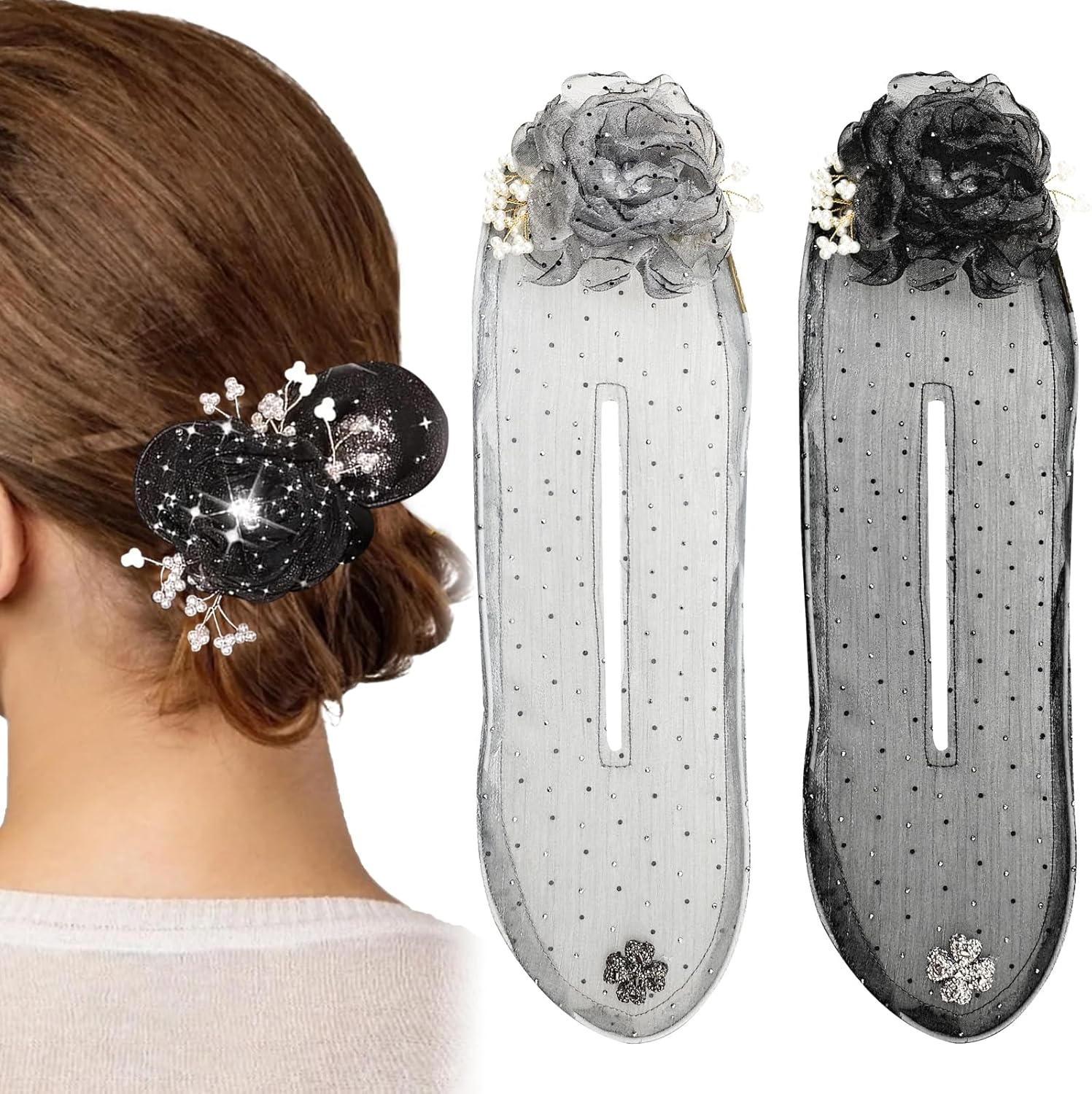 Arvintas big camellia flower bun maker front view showcasing rhinestone details