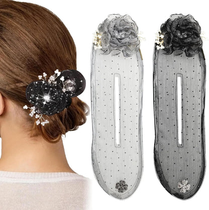 Arvintas big camellia flower bun maker front view showcasing rhinestone details