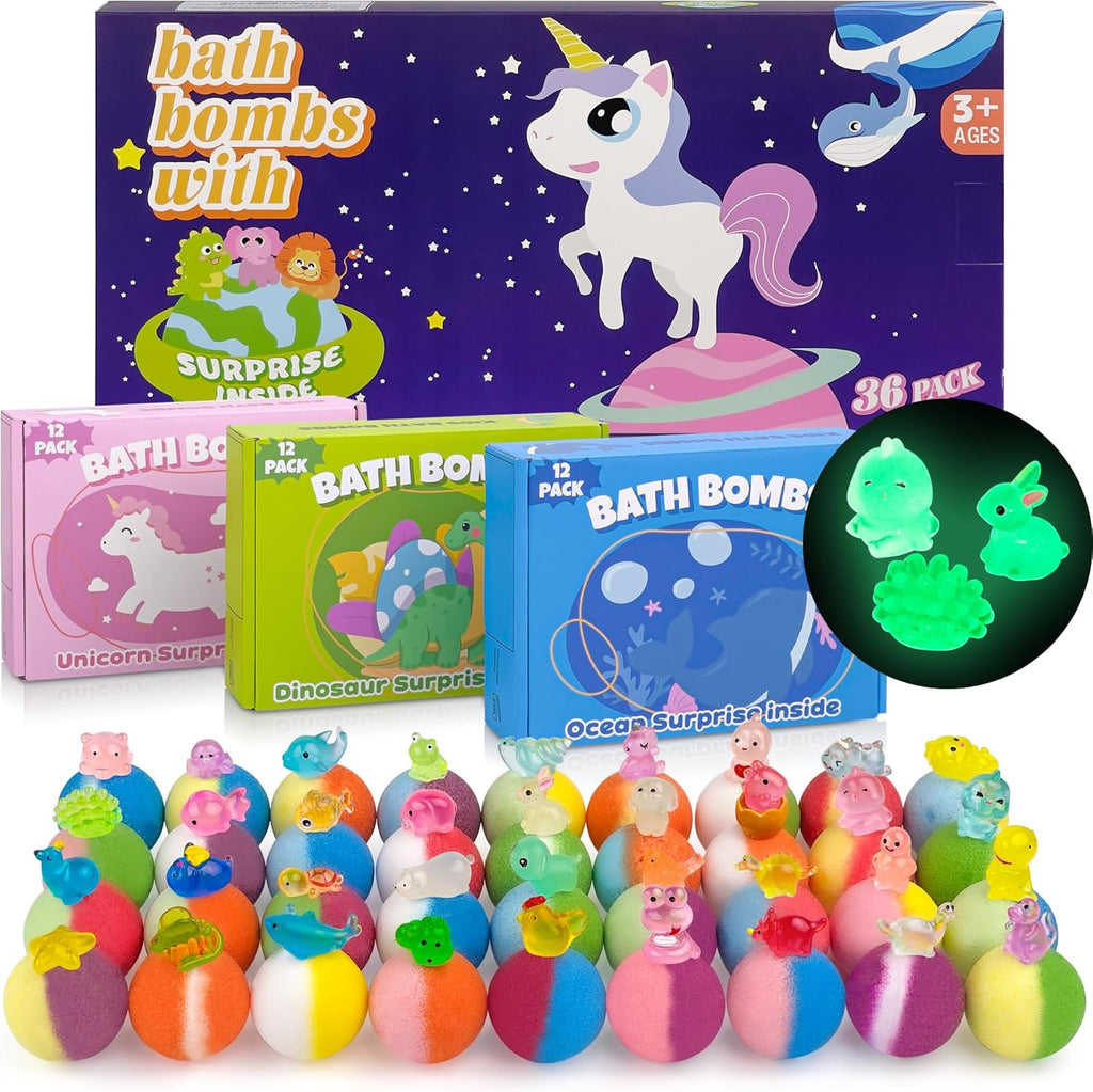 DOVIPE Kids Bath Bombs front view packaging with 36 pieces and toy surprise.