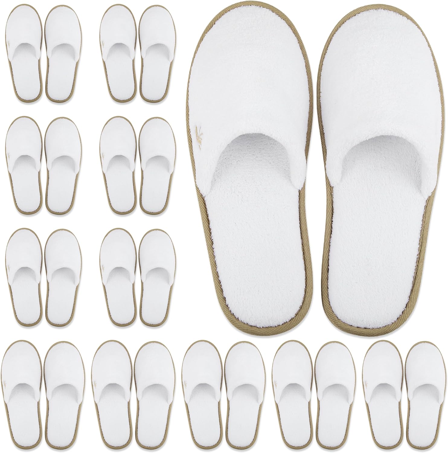 BERGMAN KELLY disposable spa slippers front view showing white coral fleece and cocoa trim piping
