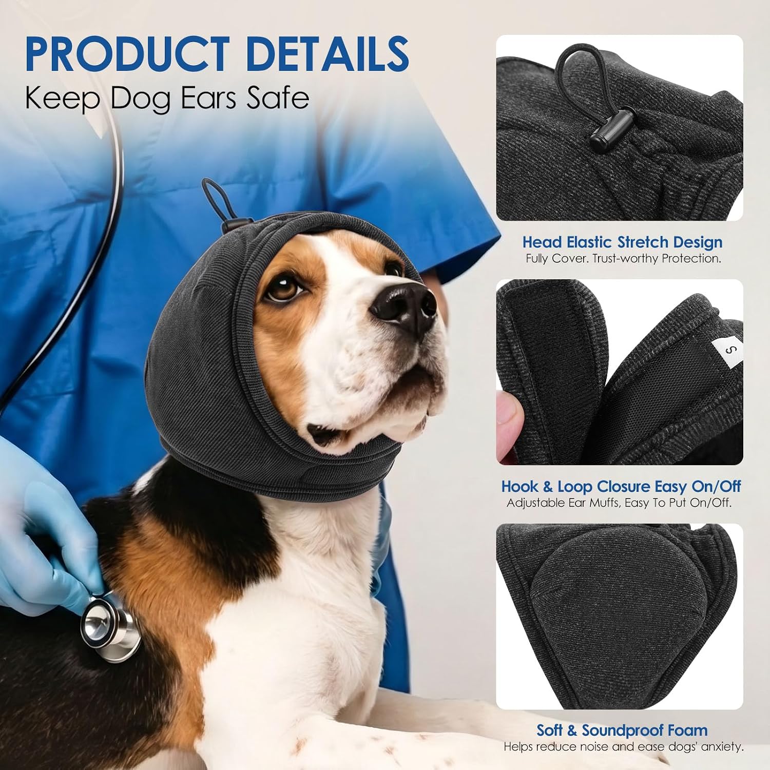 Thick noise cancelling ear cover for dogs being used during a grooming session.