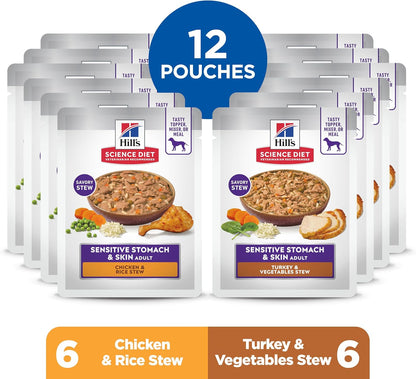 Hill's Science Diet Sensitive Stomach and Skin twelve pack wet dog food pouches back label ingredients