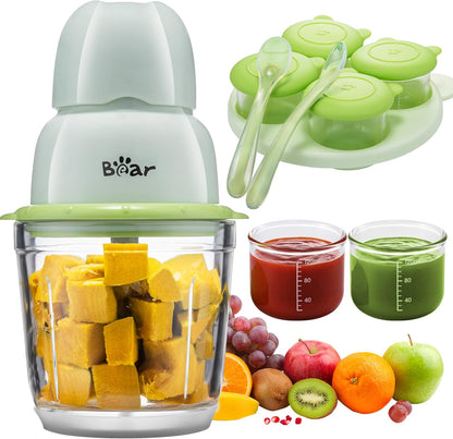 Bear baby food maker front view of light green processor with glass bowl.