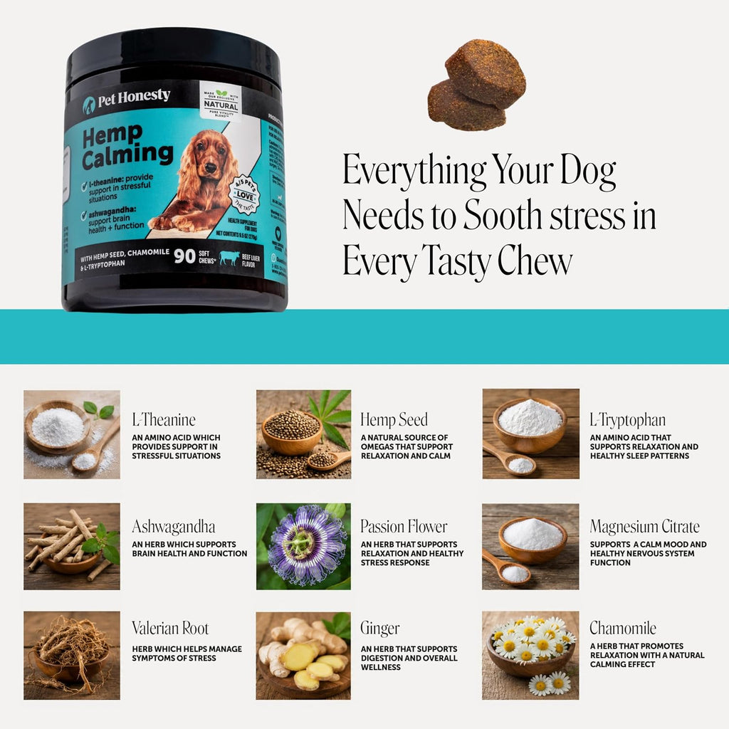 Natural hemp calming chews for dog anxiety during thunderstorms and fireworks