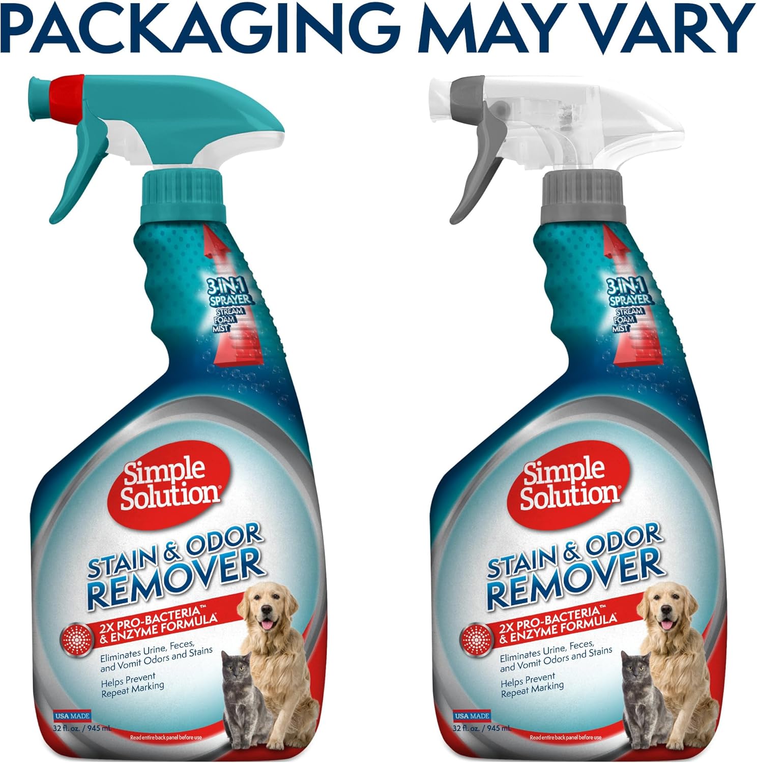 Multi surface pet stain remover spray bottle showing stream foam and mist options
